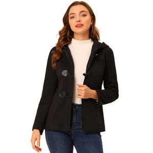 Casual Winter Outwear Hooded Button Toggle Pea Coat Black